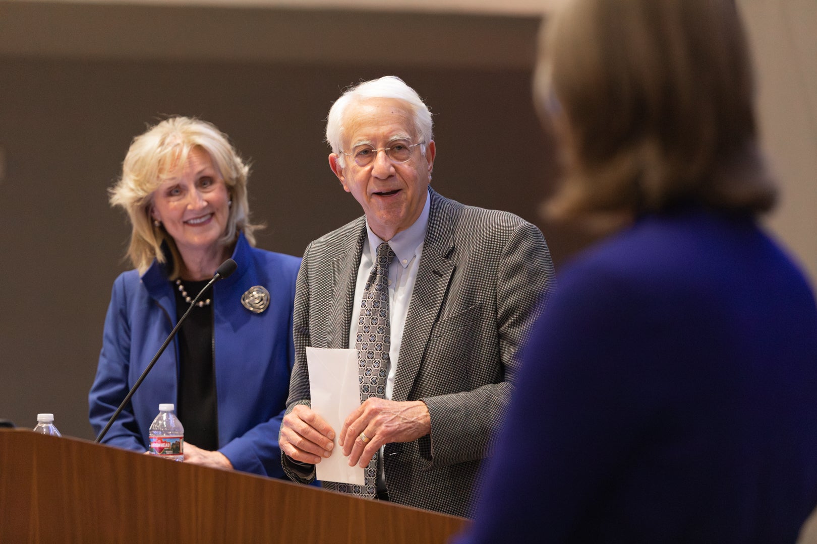 Bruce Myerson introducing speaker Sheila Heen, during the annual Bruce E. Meyerson Lecture.